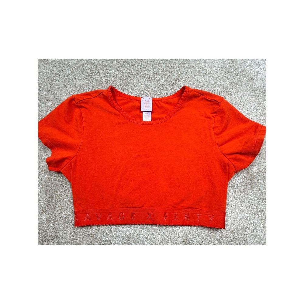 Savage X Fenty Womens Orange Short Sleeve Logo Hem Crop Top Medium